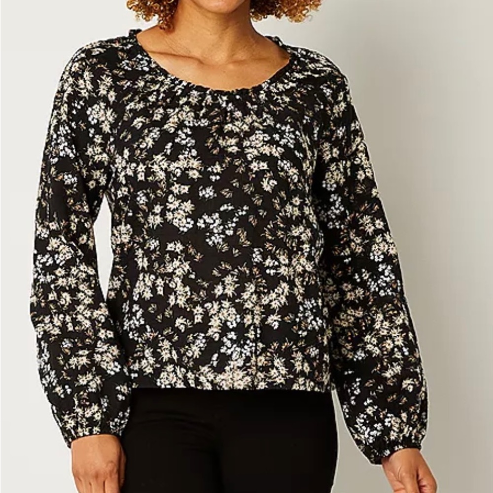 a.n.a Womens Round Neck Long Sleeve Blouse Petite Large